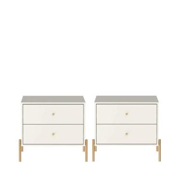 Imagem de Kit 2 Mesas de Cabeceira com 2 Gavetas Jasper 64 cm - Off White Fosco c/ Dourado
