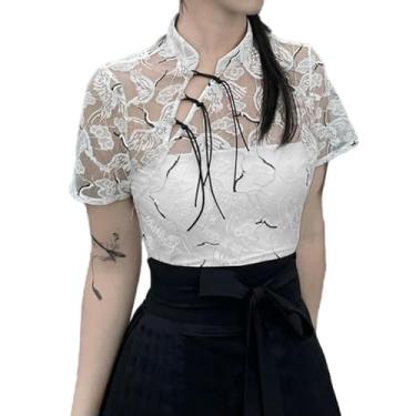 Imagem de MAIFURUN Gola alta bordado de renda guindaste manga curta top onda estampado cavalo rosto saia feminina carnaval festa vestido Hanfu, top, XG