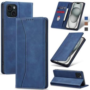 Imagem de Jasonyu Flip Carteira Capa para iPhone 15 Plus,Capinha Folio Magnética de Couro com Suporte para Cartão,Suporte para Chute - Protetora Durável de TPU à Prova de Choque para Telefone,Azul
