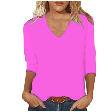 Imagem de Camiseta feminina de verão, cor sólida, manga 3/4, gola V, solta, casual, confortável, túnica para treino, Roxa, M
