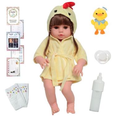 Imagem de Boneca Reborn Cabelos Castanhos Com Acessórios Pelúcia - Cegonha Rebor
