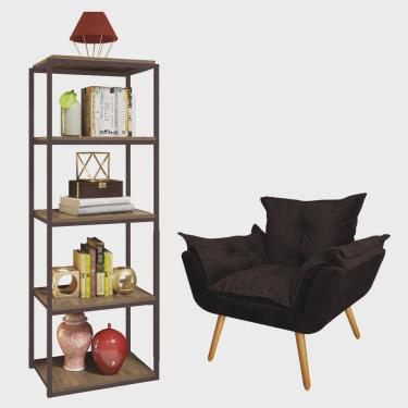 Imagem de Kit Poltrona Fatte com Estante Livreiro Ferro Marrom mdf Castanho Suede Marrom - Ahazzo Móveis