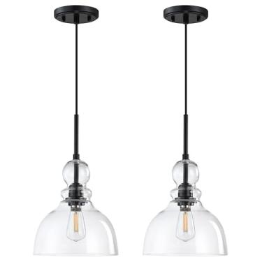 Imagem de Doraimi Lighting Pacote Com 2 Luminárias Pendentes Para Ilha De Cozinha Interna 8" Vidro Transparente, Acabamento Preto, Estilo Fazenda Moderno, Sobre A Pia