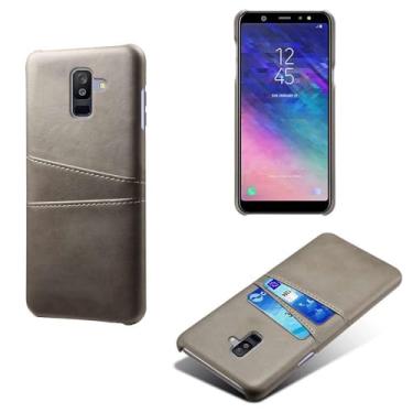 Imagem de Capas Compatível com Samsung Galaxy A6 PLUS,Caso de couro PU-Tampa de telefone a prova de choque com 2 slots de cartão,Proteção anti-impressão digital e anti-gota-Grey