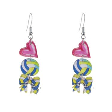 Imagem de Brincos femininos com pingente de bola esportiva, vintage, de acrílico, laço, pingente, tênis, beisebol, basquete, vôlei, futebol, gota, brincos, acessórios, brinco, para fãs de esportes, joias