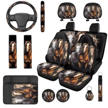 Imagem de Qpednta Wild Horses Capas de assento de carro conjunto completo de 14 capas de volante capa de console central protetor de cabeça capa de cinto de segurança de carro universal para caminhão van SUV