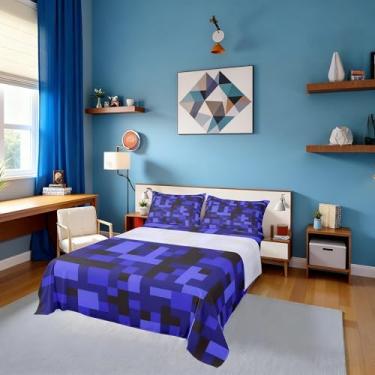 Imagem de Jogo de cama solteiro Pixelated Blocks, camuflagem militar, mineiros, jogador, fácil de lavar, decoração de quarto de crianças, quadriculado geométrico, lençol preto azul escuro (com elástico + 1
