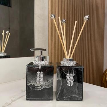 Imagem de Saboneteira e Aromatizador Efeito Mármore 250ml - Porta Sabonete Liquido Decorativo (Preto e Prata,Sem Colar)