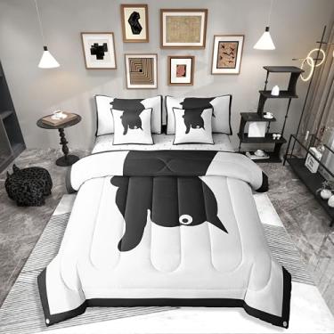 Imagem de Erosebridal Jogo de cama casal de gato preto com estampa kawaii, animal de estimação, fofo, branco, leve, 7 peças