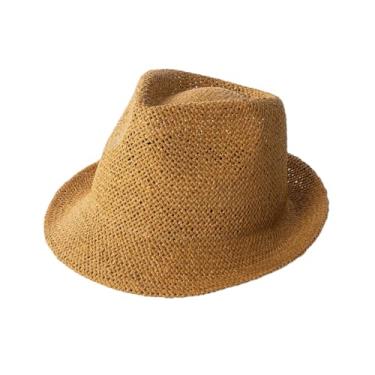 Imagem de Chapéu feminino côncavo curto Eaves Jazz Fedora chapéu de grama de tecelagem oco chapéu de sol cáqui G 59 cm