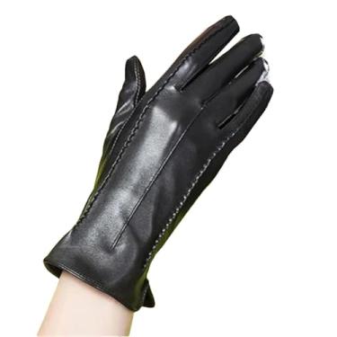 Imagem de Luvas femininas de couro de inverno grossas coloridas mais lã térmica azul luvas para dirigir preto M