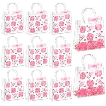 Imagem de AmazingSpark Conjunto de 10 sacos de presente de PVC transparente com alças reutilizáveis para lembrancinhas de festa com fita de ráfia saco de presente de plástico para líder de torcida (rosa)