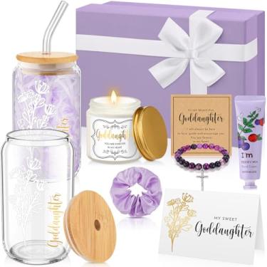 Imagem de Teenyyou 9 peças de presentes de Natal para afilhada da madrinha copo de vidro pulseira vela perfumada creme cabelo scrunchies conjunto caixa de presente para afilhada batismo de Natal (roxo)