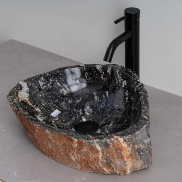 Imagem de MIDUSO Pia de embarcação de pedra irregular 100% feita à mão; pia de pedra real; pia de embarcação exclusiva; acima do balcão; pia de rocha de rio; banheiros rústicos de pias; Irre RiverStone 331
