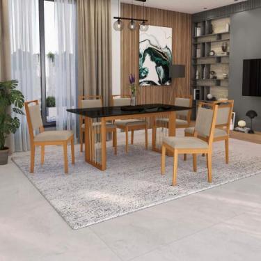 Imagem de Conjunto Sala de Jantar Lina em Madeira Maciça 6 Cadeiras Linho Fendi 