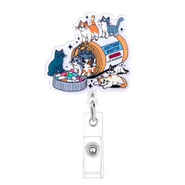 Imagem de Carretel de crachá de gato Happy Pills Booster retrátil com clipe retrátil para enfermagem para técnico veterinário, farmácia veterinária, saúde mental, trabalhador médico, acessórios de escritório
