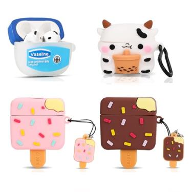 Imagem de (Pacote com 4) Capa fofa para AirPods 4 (2024), capa protetora para fones de ouvido XMBYGY com desenho animado à prova de choque com mosquetão para homens e mulheres adolescentes (FSL+COWtea+ICEbn+