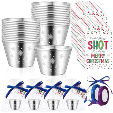 Imagem de Widecook Conjunto de 24 copos de shot de Natal, lembrancinhas de festa de Natal para convidados 59 ml, copos de uísque de aço inoxidável com etiqueta, cartões, sacos de petiscos, fitas, presentes de