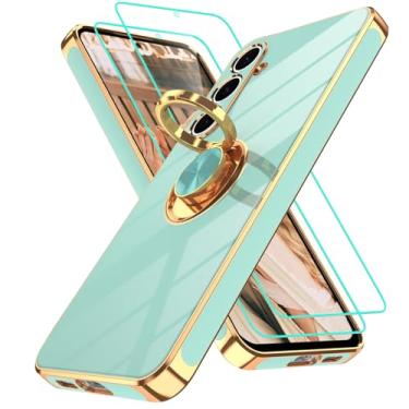 Imagem de Gritup Capa para Samsung Galaxy S24 FE | 2 peças protetoras de tela | Suporte magnético de rotação de 360°, capa protetora à prova de choque de TPU macio com borda dourada banhada a ouro para S24 FE