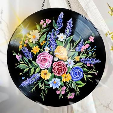 Imagem de Suncatcher acrílico colorido, decoração de janela suspensa de flores com design de vitral impresso, apanhador de sol, arte de parede de arco-íris, ornamentos de Natal para uso interno e externo 19,8 x