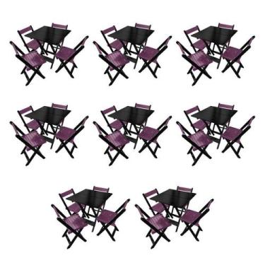 Imagem de Kit 8 Mesas De Madeira Dobrável Preto 70x70 Com 4 Cadeiras Dobráveis R