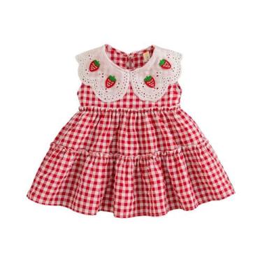 Imagem de Vestidos Casuais De Verão Para Meninas Com Padrão Xadrez E Morango, Ve