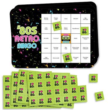 Imagem de Big Dot of Happiness Retro dos anos 80 – Cartas e marcadores de bingo – Jogo de bingo de festa de 1980 – Conjunto de 18