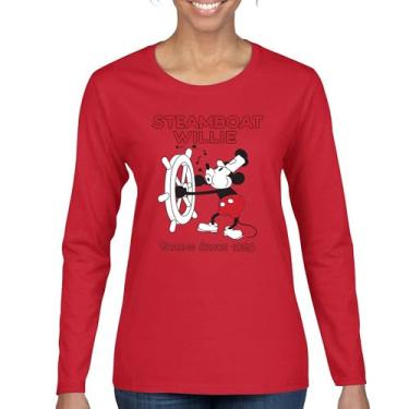 Imagem de Camiseta feminina Steamboat Willie Vibing Since 1928 manga longa icônica retrô desenho mouse atemporal clássico vintage Vibe, Vermelho, M