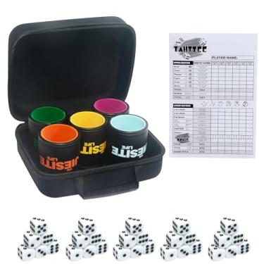 Imagem de JIESITE Leather Dice Cup Set Lined Quiet Dice Shaker Cup with 5 Dice Cup and 30 Acrylic Dices Exclusive Storage and Transport Case for Travel Yahtzee Game Farkle Classic Dice Liars Dice (Mixed)