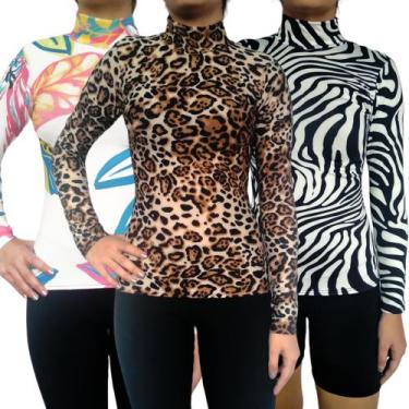 Imagem de Kit 3 Blusinhas Femininas Gola Alta Manga Longa Justas Estampas Sortid