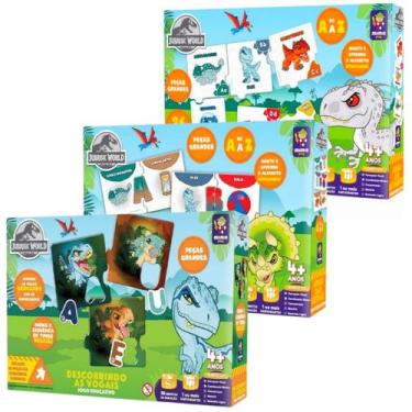 Imagem de Kit 3 Quebra Cabeça Vogal Letra Alfabeto Dinossauro Jurassic - Mimo, C