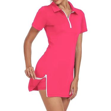 Imagem de GGOV Vestido feminino de duas peças tênis golfe esportivo esportivo esportivo para mulheres com shorts separados de bolso, Rosa neon, XGG