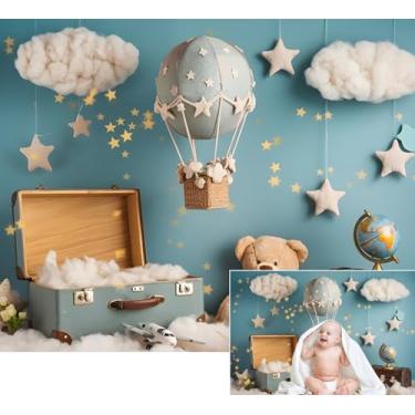 Imagem de Cenário de aniversário de 2,1 x 1,5 m para fotografia urso nuvem branca estrela mala globo balão de ar quente viagem fundo azul glitter chá de bebê suprimentos de festa meninos crianças retrato sessão