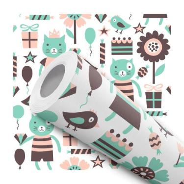 Imagem de Papel De Parede Adesivo Lavável Quarto Gato Azul Flor Pássaro 12m - Si