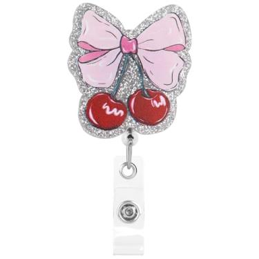 Imagem de CustomyLife Carretel de crachá de laço, suporte retrátil brilhante para crachá de enfermeira com padrão cereja, acessório de clipe de crachá para crachá para trabalhador de enfermagem médica