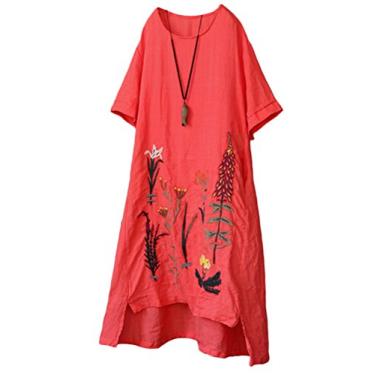 Imagem de Minibee Vestido de verão de linho bordado evasê roupa de túnica de cano baixo, Style1 Red, Large