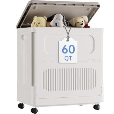 Imagem de HAIXIN Caixa de armazenamento grande com tampa – caixa de armazenamento de plástico de 60 litros com rodas, organizador de armário empilhável para lençóis, cobertor móvel para lavanderia, quarto