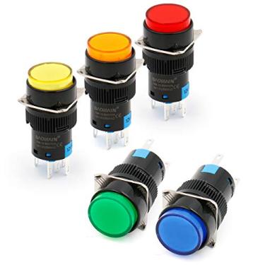 Imagem de Baomain Interruptor De Botão Pressão 5/8" 16 Mm Com Trava Redonda, Lâmpada Led Vermelha, Amarela, Laranja, Azul E Verde, Luz Dc 12V Spdt, Pacote 5 Pinos
