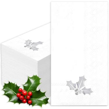Imagem de JarThenaAMCS 100 guardanapos de Natal para convidados de Natal branco prata folha azevinho baga descartável guardanapo de papel toalha de guardanapo de mão para utensílios de mesa de Natal inverno