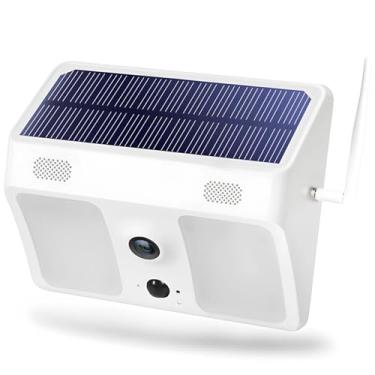 Imagem de Câmera de holofote solar para ambientes externos com WiFi, focos duplos, sensor de movimento infravermelho, à prova d'água IP65, certificação Fcc e Ce