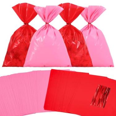 Imagem de FYSUIMU 100 unidades de sacos de guloseimas para violoncelo de plástico para doces vermelho rosa e violoncelo com laços torcidos para lembrancinhas de festa de casamento do dia das mães