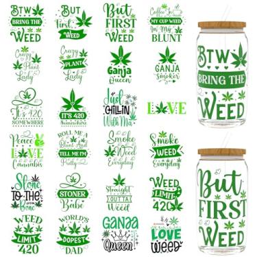 Imagem de Elewins 24 peças de papel de transferência UV DTF de folhas verdes para 473 ml, óculos, mesas, cadeiras, computadores, papel de transferência UV DTF de alta viscosidade (frases de folhas verdes)