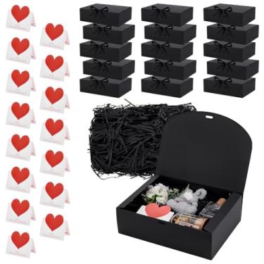 Imagem de PH PandaHall 15 caixas de presente pretas com tampas, caixa de presente de papel preto de 27 x 19,8 x 7,9 cm, caixa de presente de dama de honra com fita, coração, cartão de felicitações, ráfia