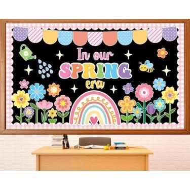 Imagem de Conjunto de decoração de quadro de avisos de primavera, decoração floral para sala de aula, flores, desenhos de papel de abelha arco-íris em nosso quadro de avisos da era da primavera para escola