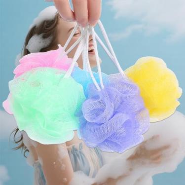 Imagem de 3 peças de chuveiro de bucha de banho, pufe de esponja de malha pequena esfregão esfoliante colorido para mulheres e homens sabonete líquido cor aleatória (8 cm)
