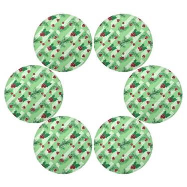 Imagem de Wassud Jogo americano conjunto de 6 tapetes redondos com listras verdes de folhas de azevinho para cozinha e jantar tapetes laváveis resistentes ao calor para decoração de mesa 39 cm