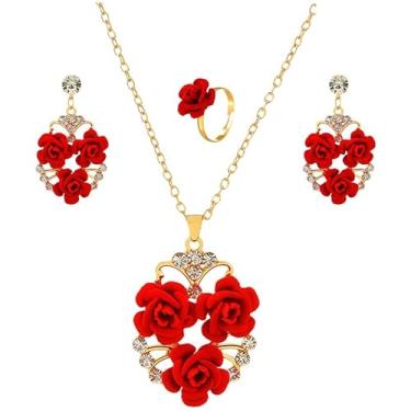 Imagem de ONLYJUMP Conjunto de 3 peças de colar de rosa vermelha para mulheres retrô moda colar rosa vermelha brincos anel presente dia dos namorados festa de aniversário casamento
