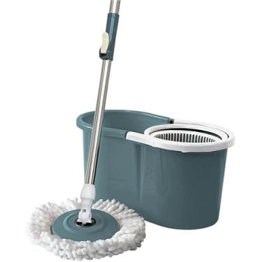 Imagem de Kit Mop Rotatório Balde 13 Litros com Cesto em Inox e 2 Refis de Microfibra, Esfregão Giratório 360 Graus com Cabo Ajustável, Limpeza Prática para Porcelanato e Madeira, Sistema de Secagem Rápida