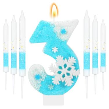 Imagem de IDIJOLI Conjunto de velas de aniversário Blue Frozen, floco de neve, branco, número 3, topos de cupcake, tema de inverno, decorações de festa de terceiro aniversário, comemorações, suprimentos