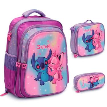 Imagem de Kit Mochila Bolsa Stitch Rosa Alça Costas Reforçada 3 Pçs - Plike, Sti